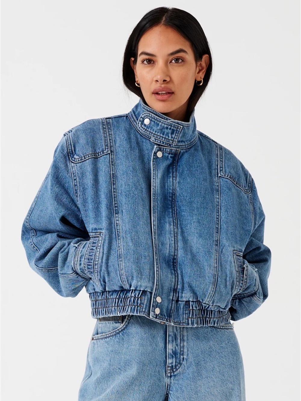 Seventy + mochi Juno denim bomber jacket in rodeo high collar blue jean oversize